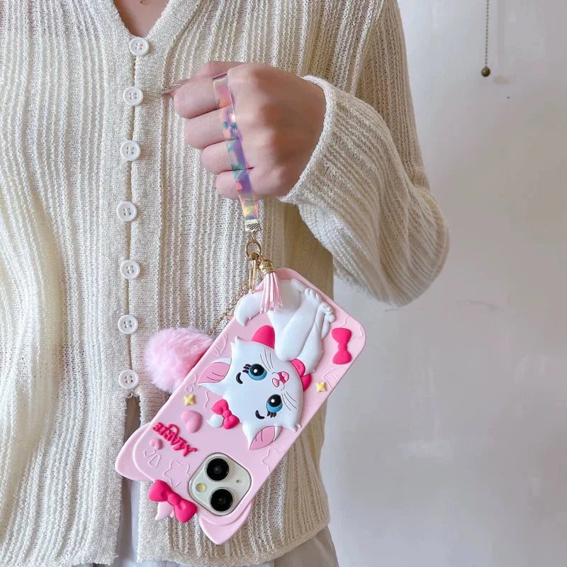 Disney Cute Pink Marie Cat Lanyard Phone Case