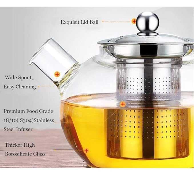Glass Teapot with Stainless Steel Infuser & Lid