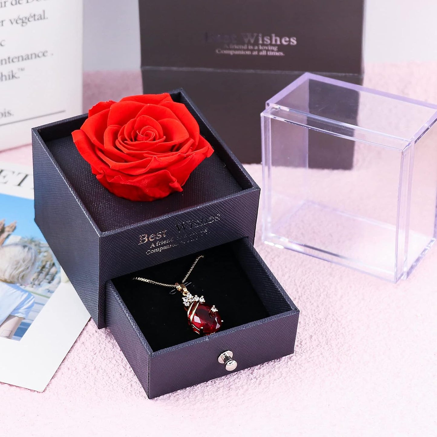 Acrylic Preserved Rose Flower Premium Box with Necklace