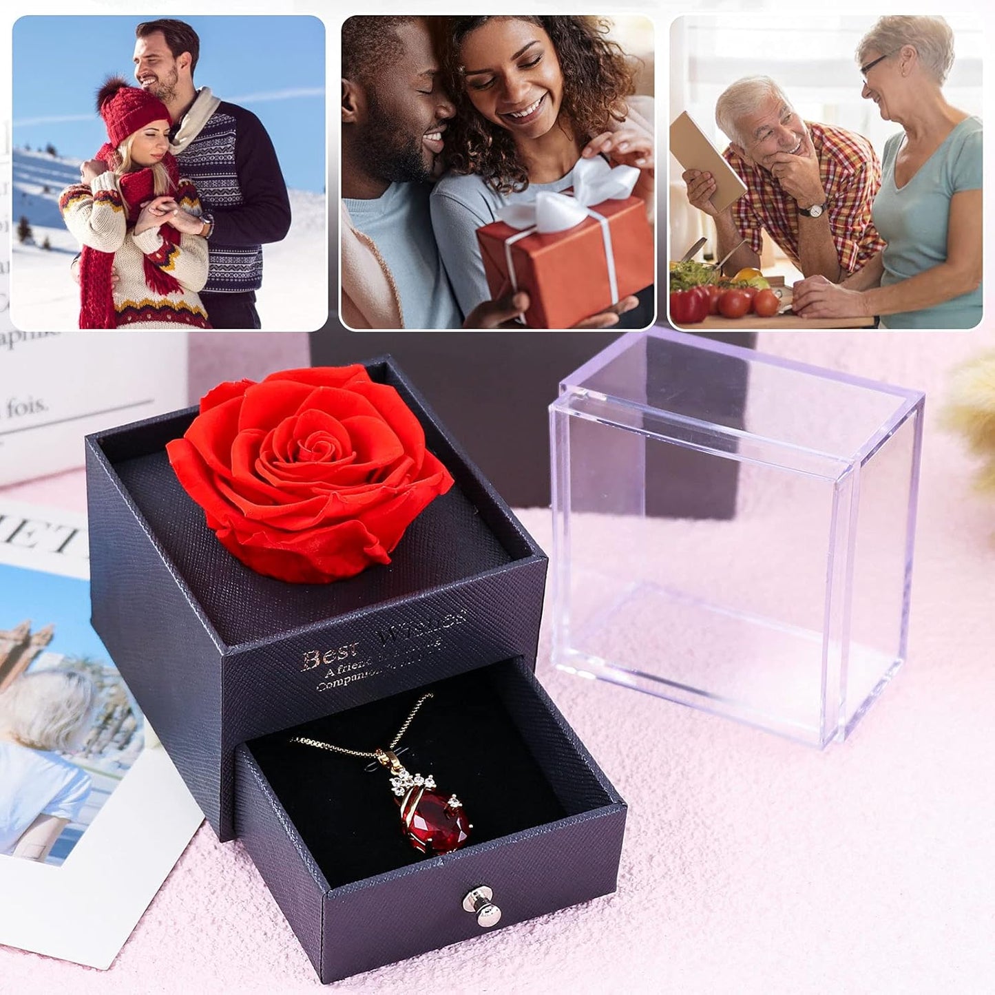 Acrylic Preserved Rose Flower Premium Box with Necklace