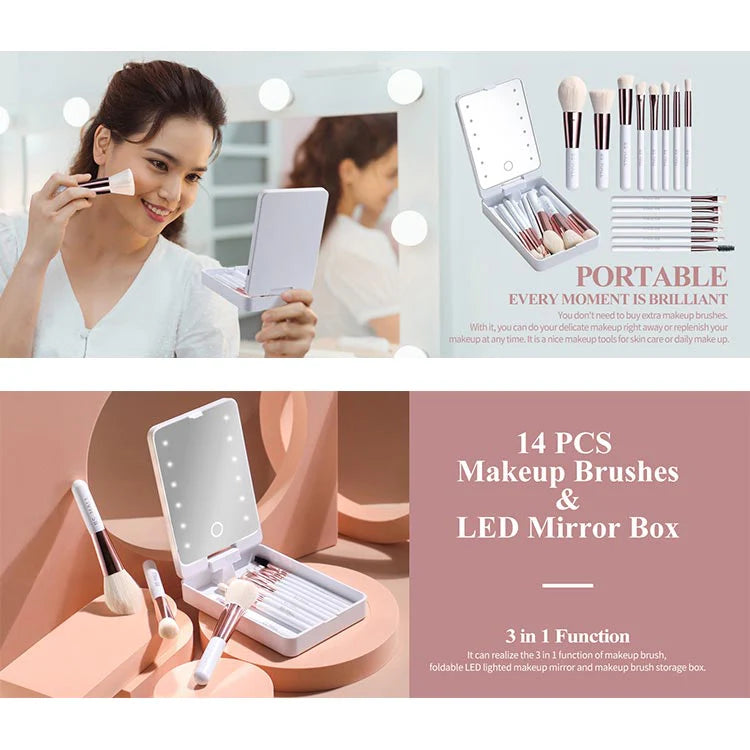 Travel Makeup Brush Set with LED Light Mirror